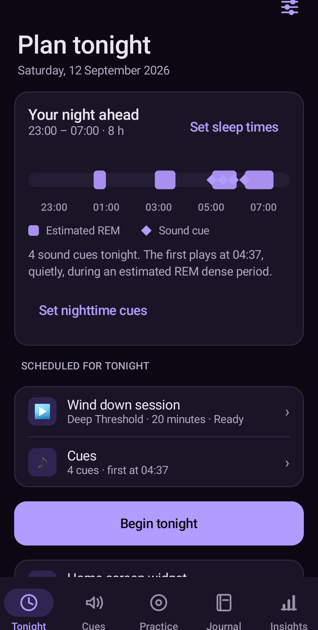 Dreamnastics Tonight screen with a sleep window, estimated REM periods, sound cues, and a wind down session